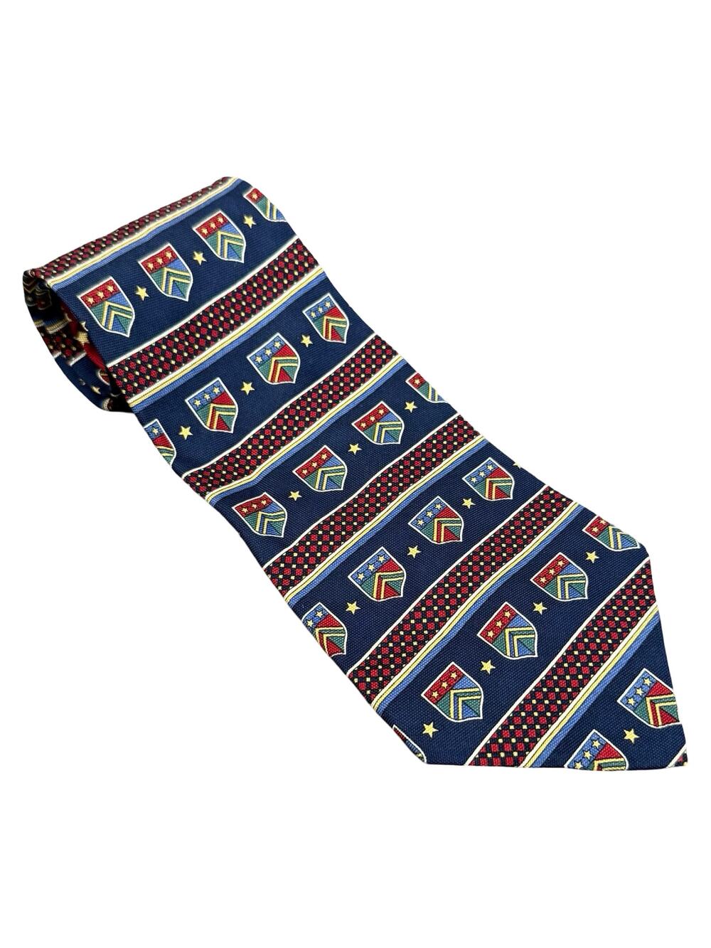 Vintage Tommy Hilfiger Shield Crest Logo 100% Silk Blue Red Stars Tie Necktie